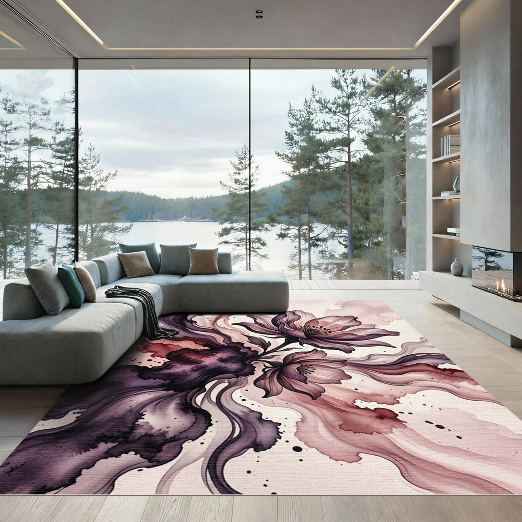 Elegant Plum Watercolor Floral Art Rug