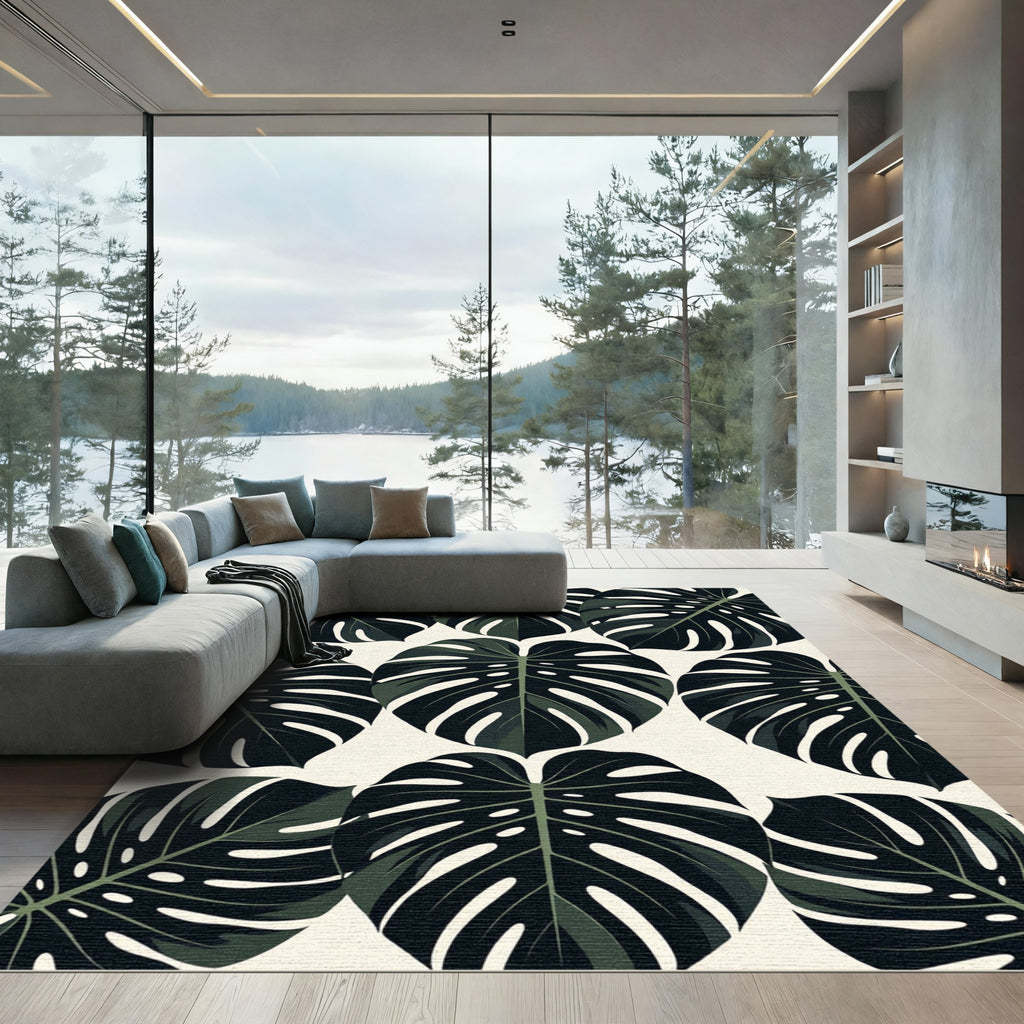 Dark Green Tropical Monstera Leaves Rug