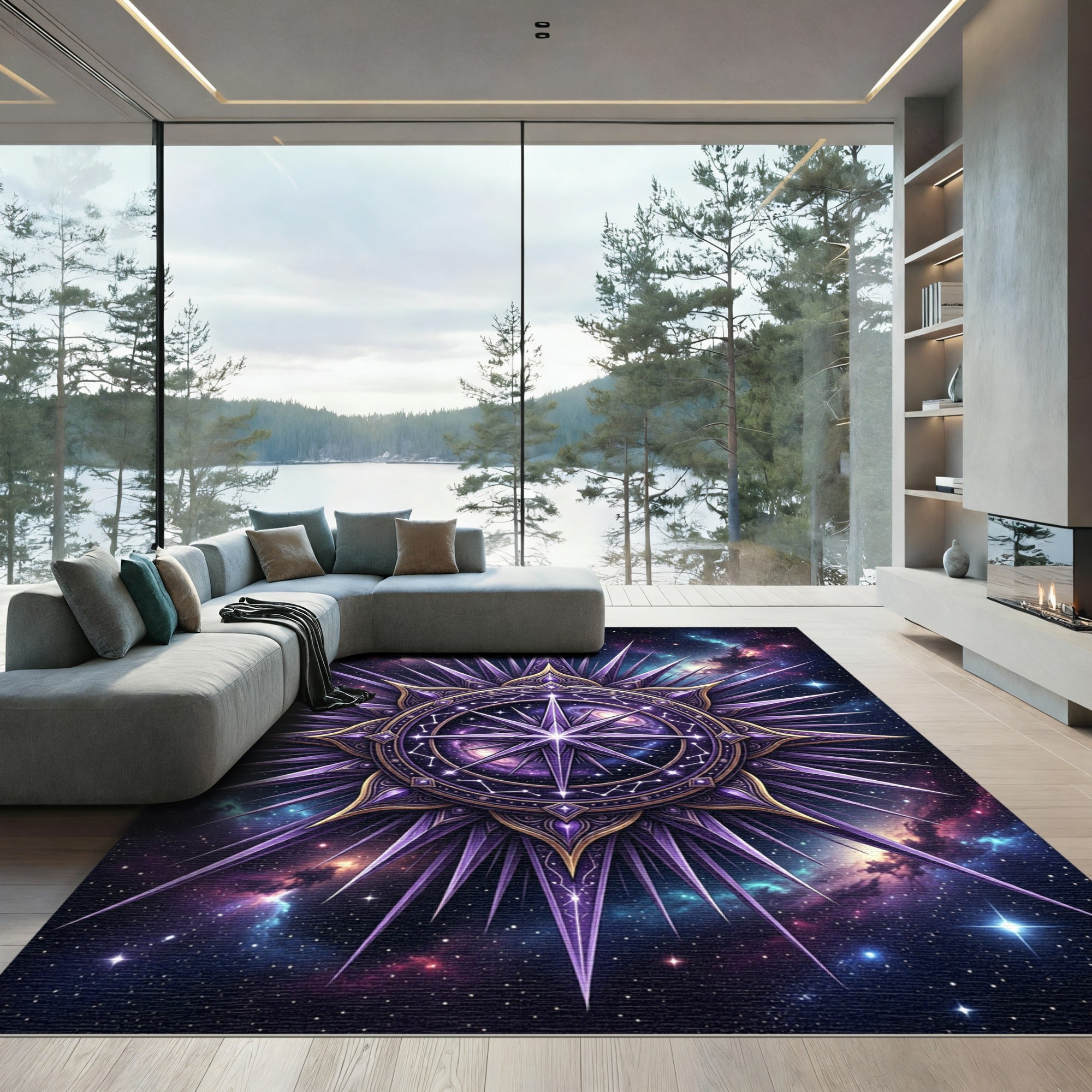 Celestial Purple Starry Galaxy Compass Rug