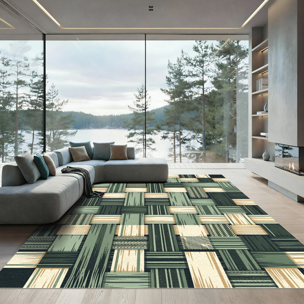 Sage Green Woven Geometric Plaid Striped Rug