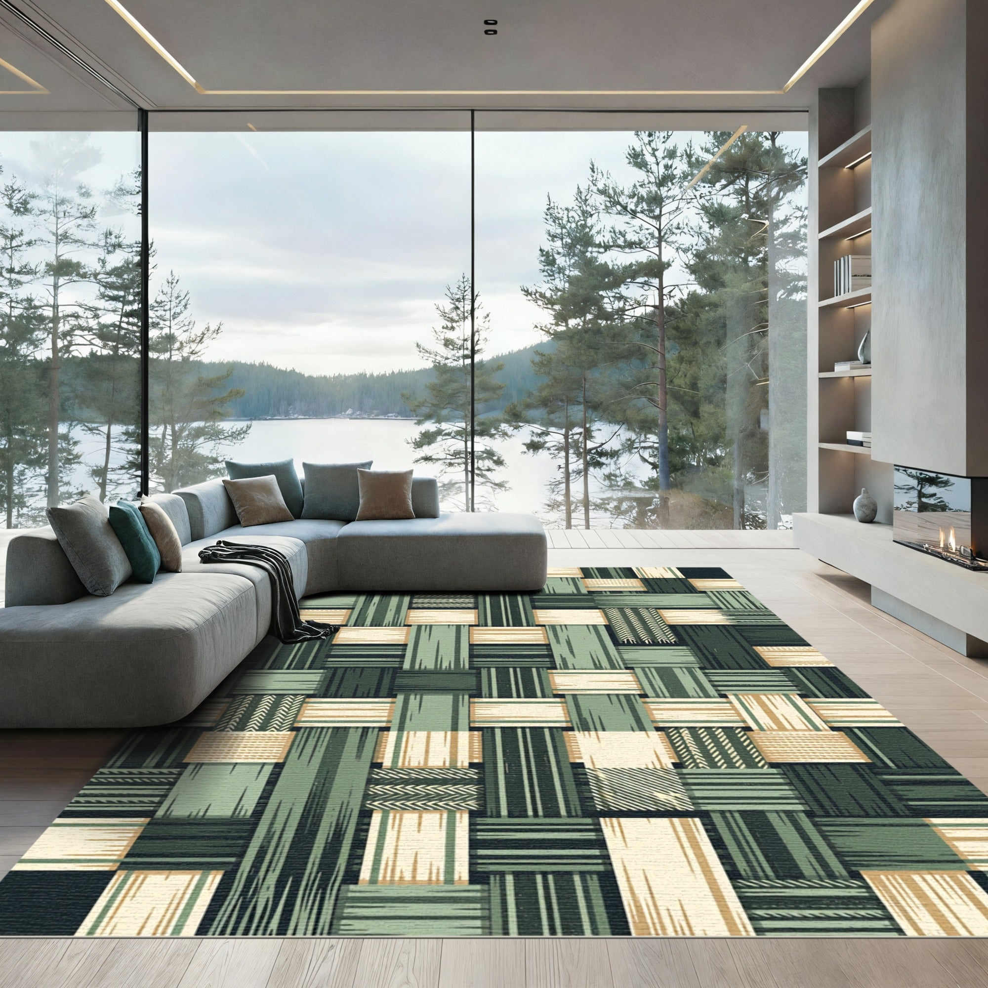 Sage Green Woven Geometric Plaid Striped Rug