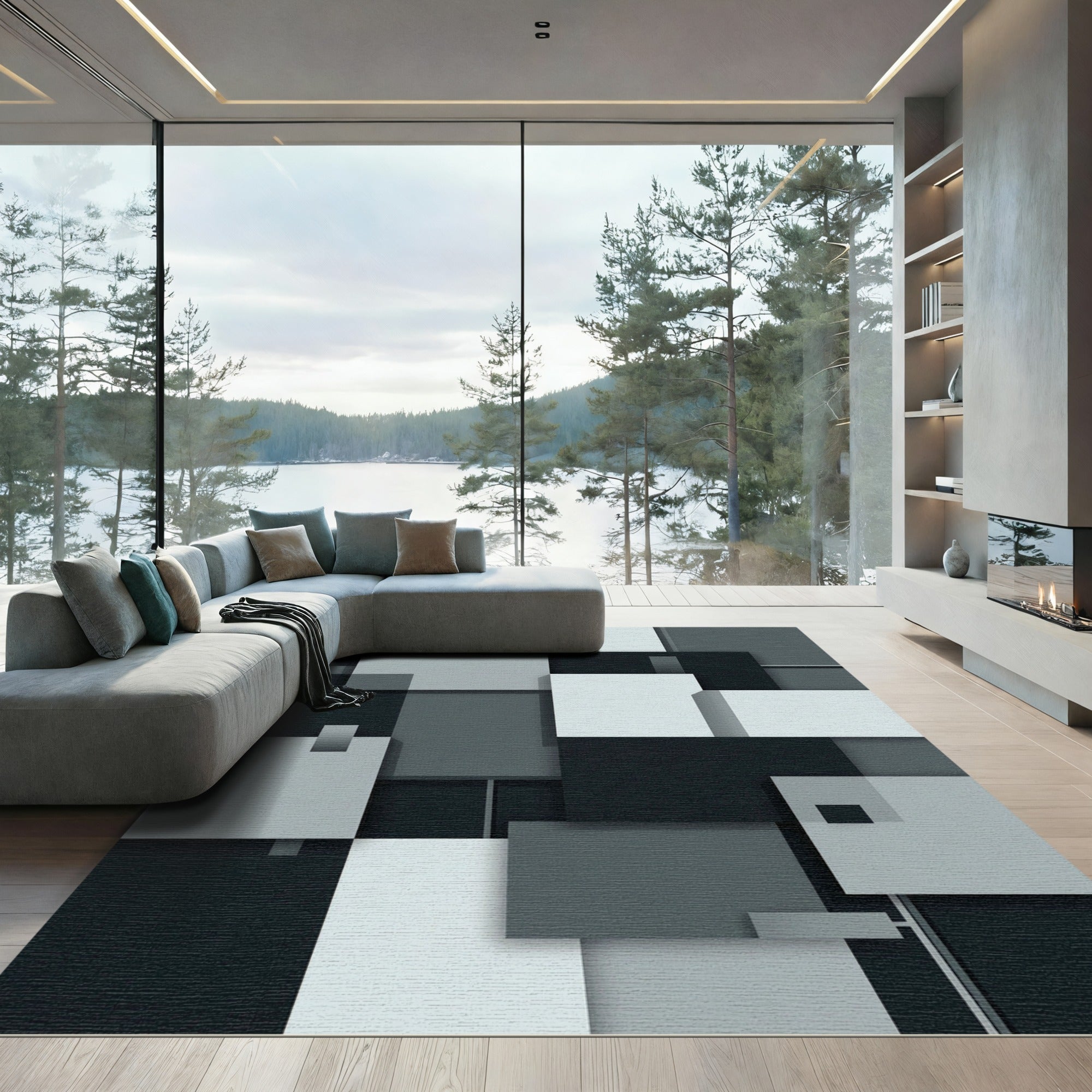 Monochrome Geometric Blocks Composition Rug