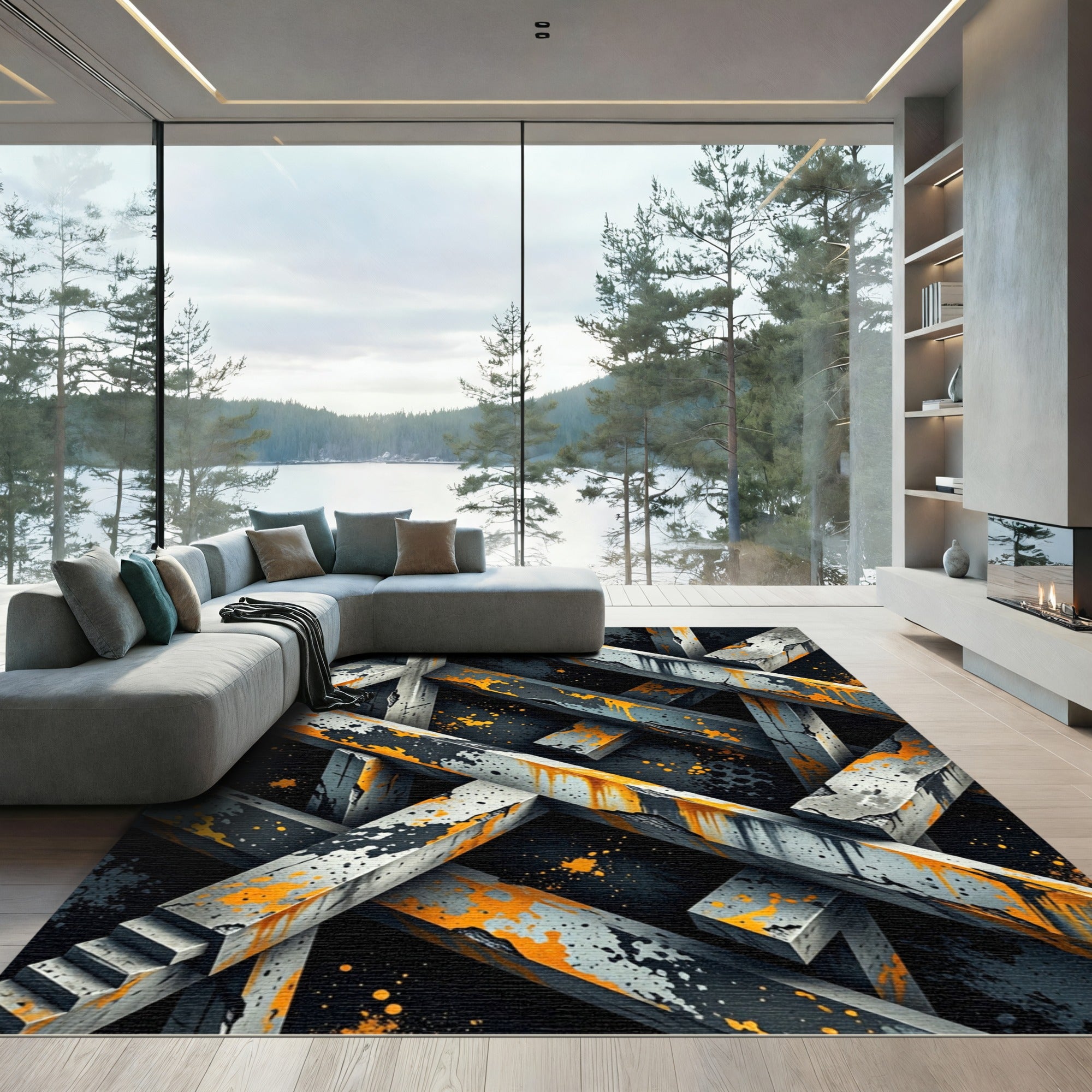 Industrial Gray Orange Splatter Geometric Rug