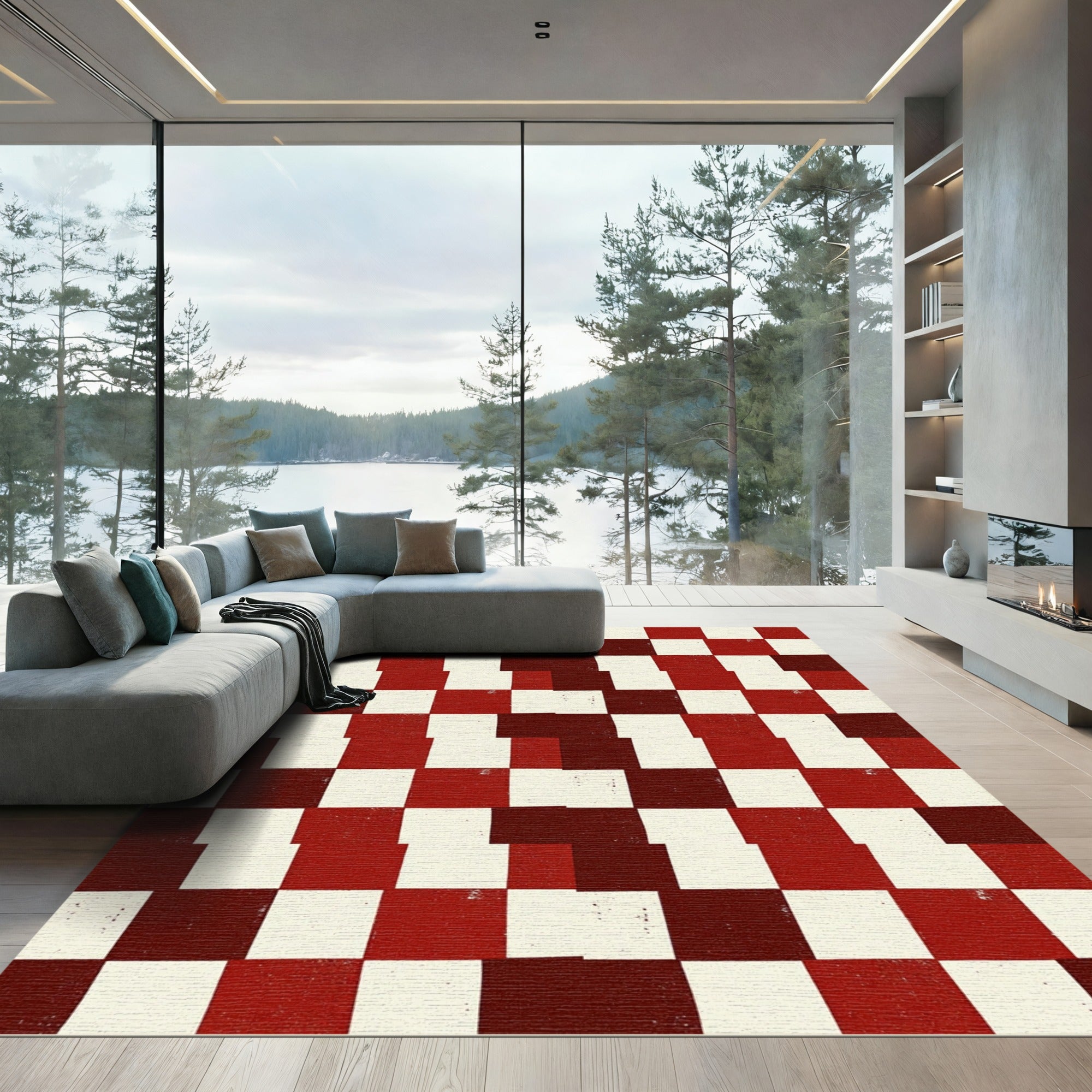 Rustic Red Crimson Checkered Rug