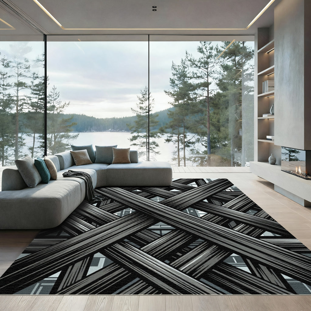 Industrial Charcoal Geometric Lattice Overlay Rug