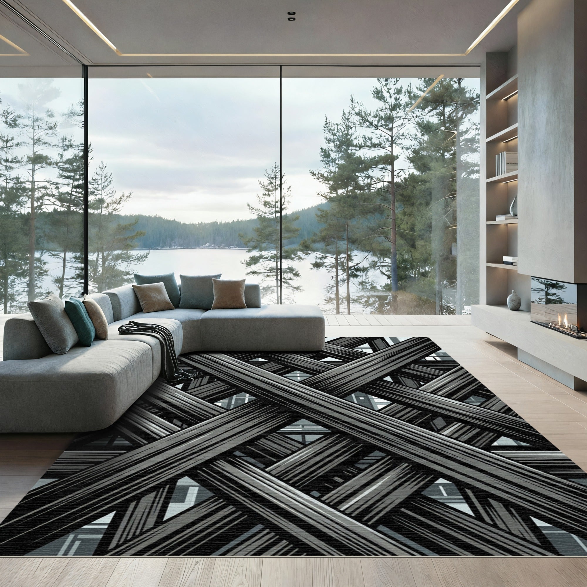 Industrial Charcoal Geometric Lattice Overlay Rug