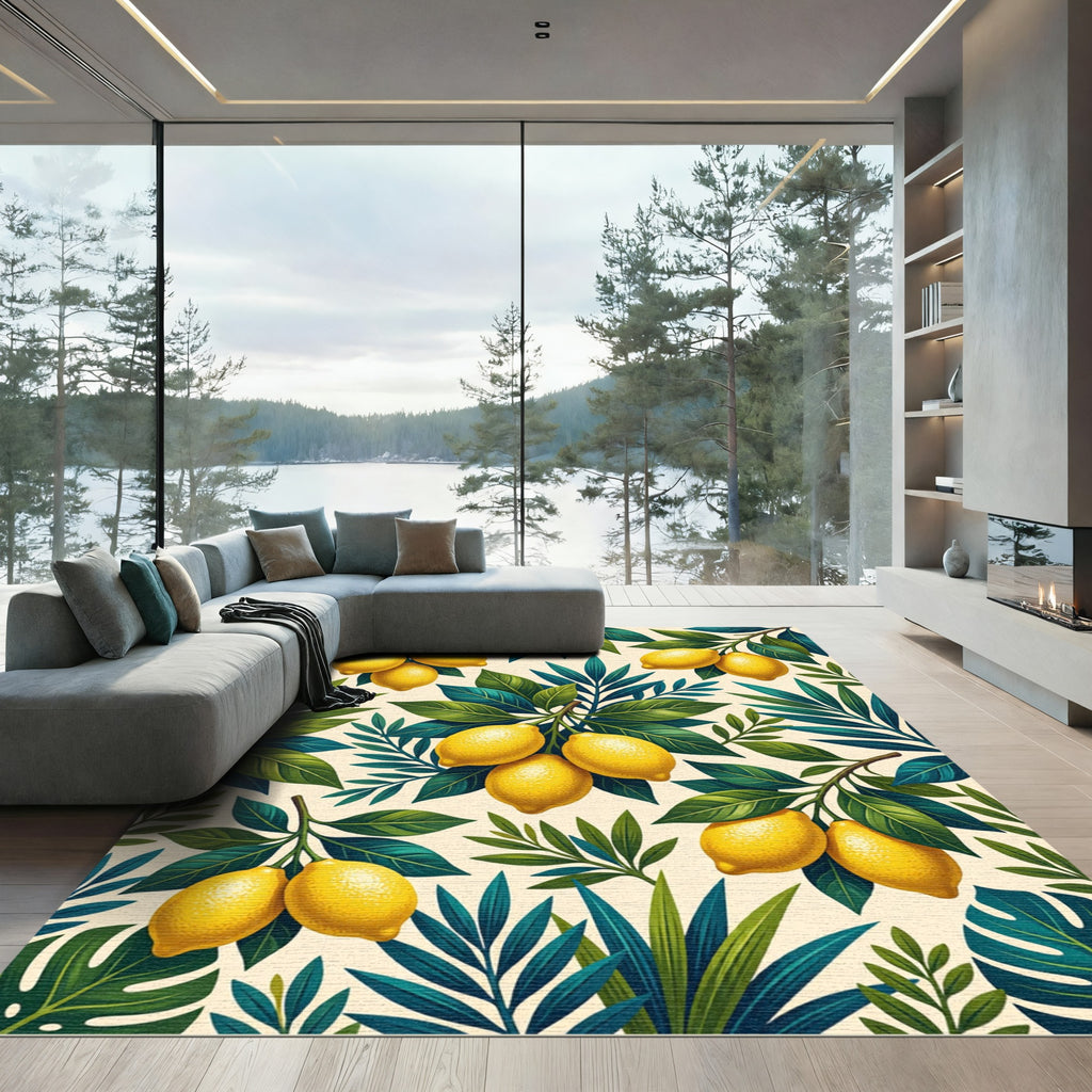 Vibrant Tropical Lemon Botanical Foliage Rug