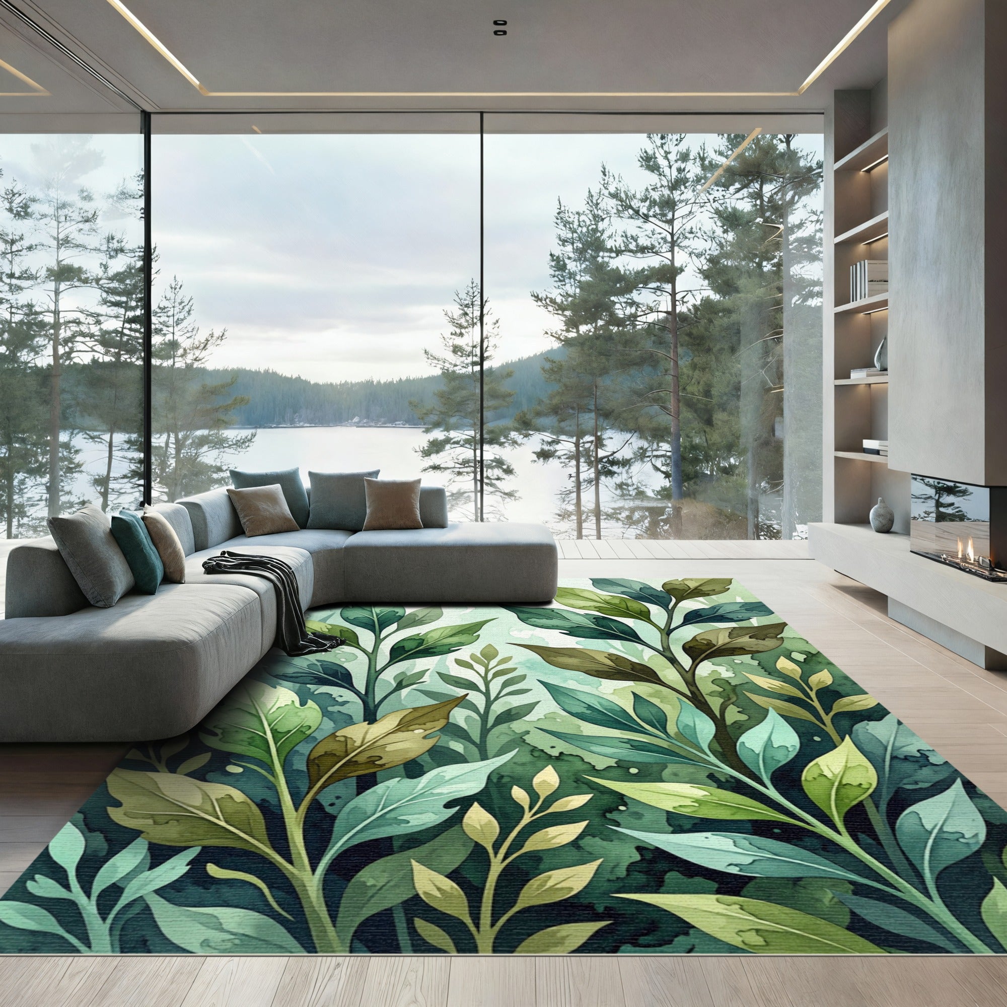 Lush Watercolor Green Forest Leaves Rug