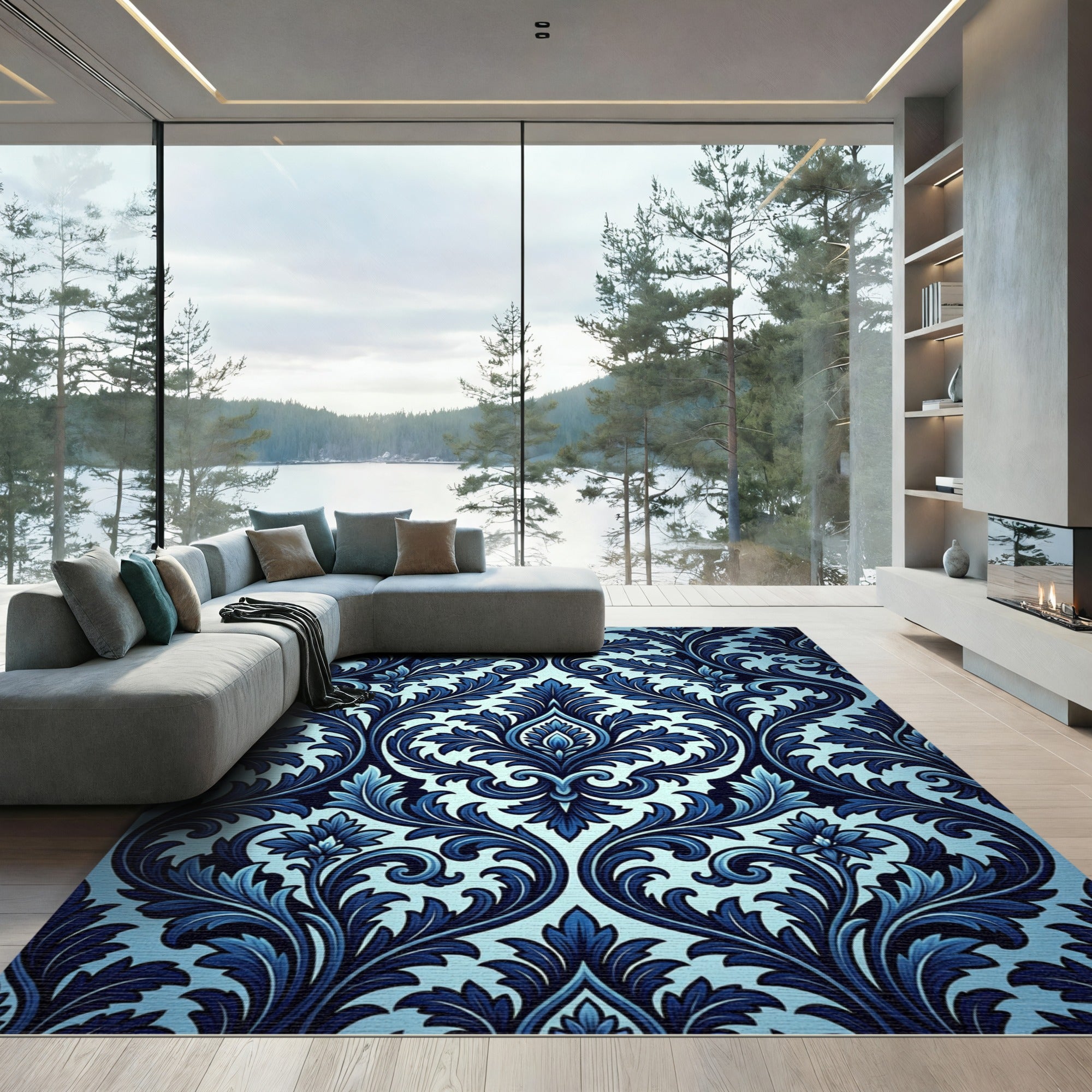 Deep Blue Ornamental Scroll Rug
