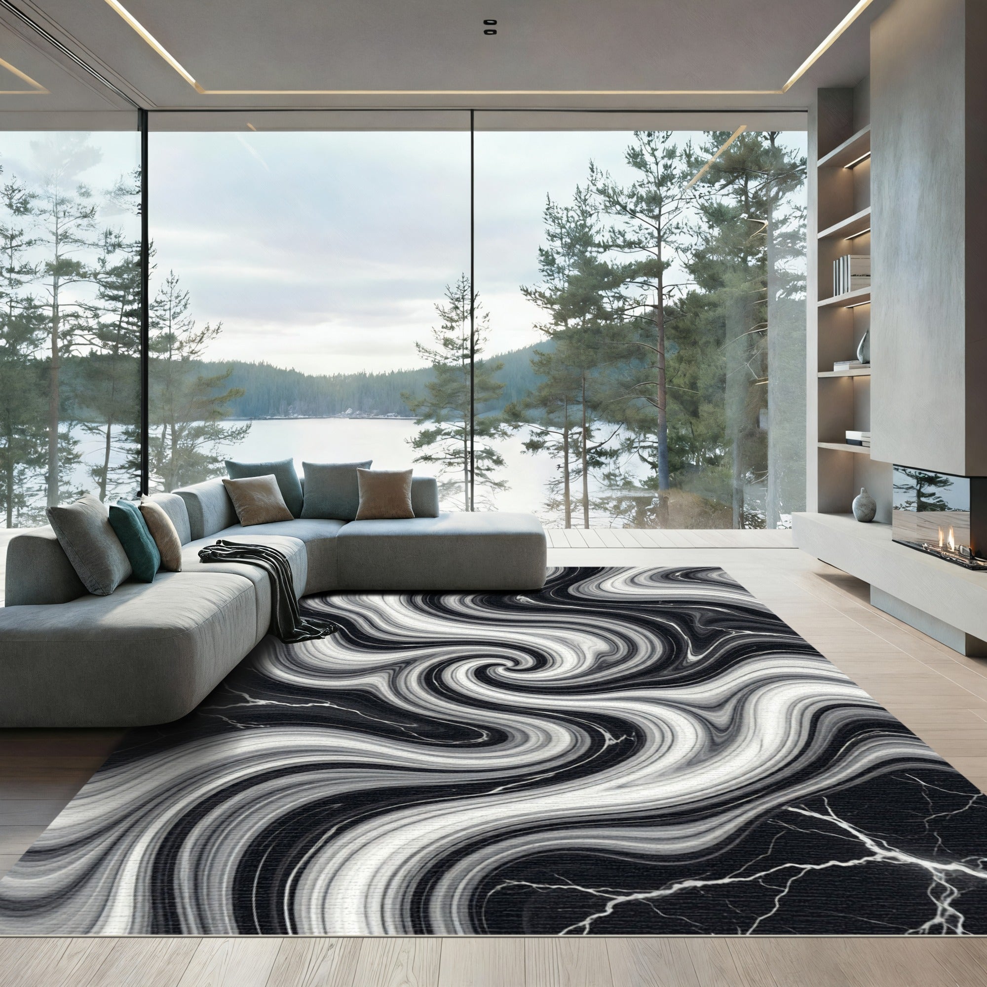 Monochrome Swirl Marble Surface Rug