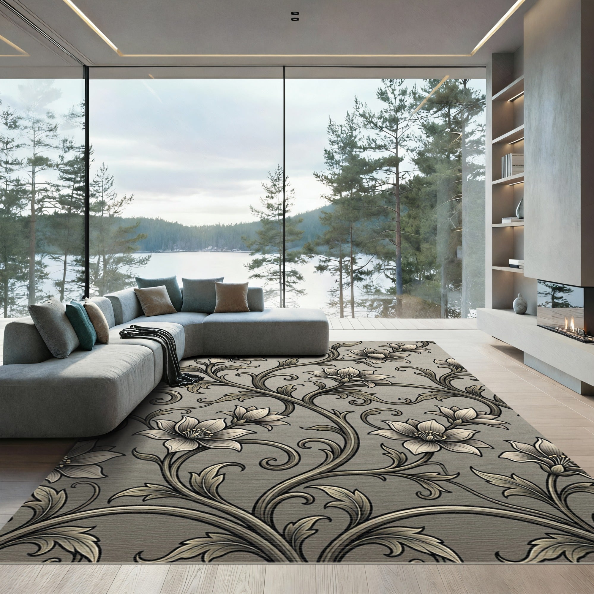 Elegant Greyscale Floral Swirl Scroll Rug