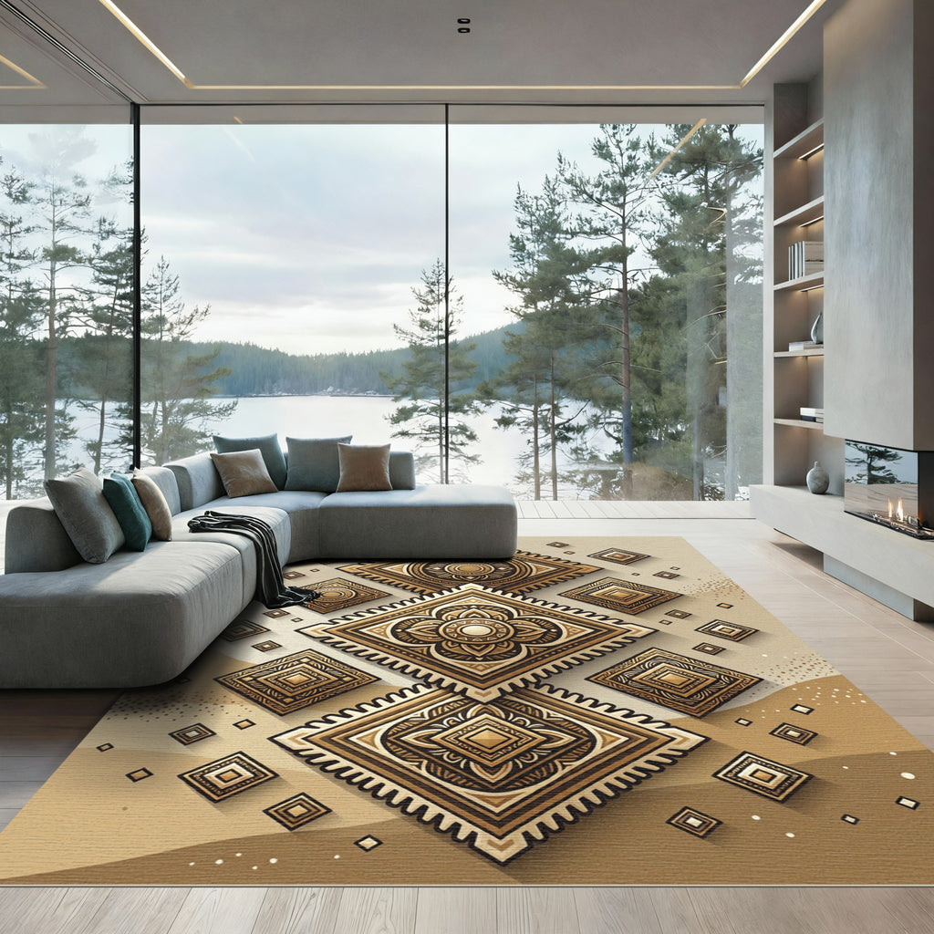 Golden Earth Tone Geometric Diamond Overlay Rug