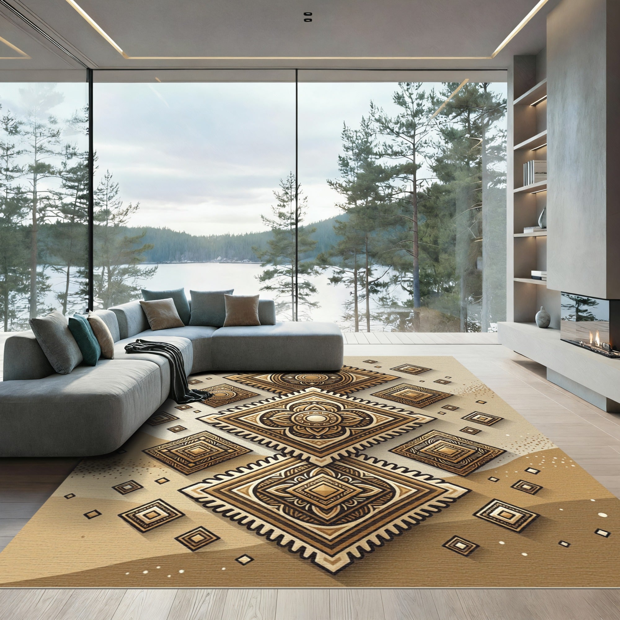 Golden Earth Tone Geometric Diamond Overlay Rug
