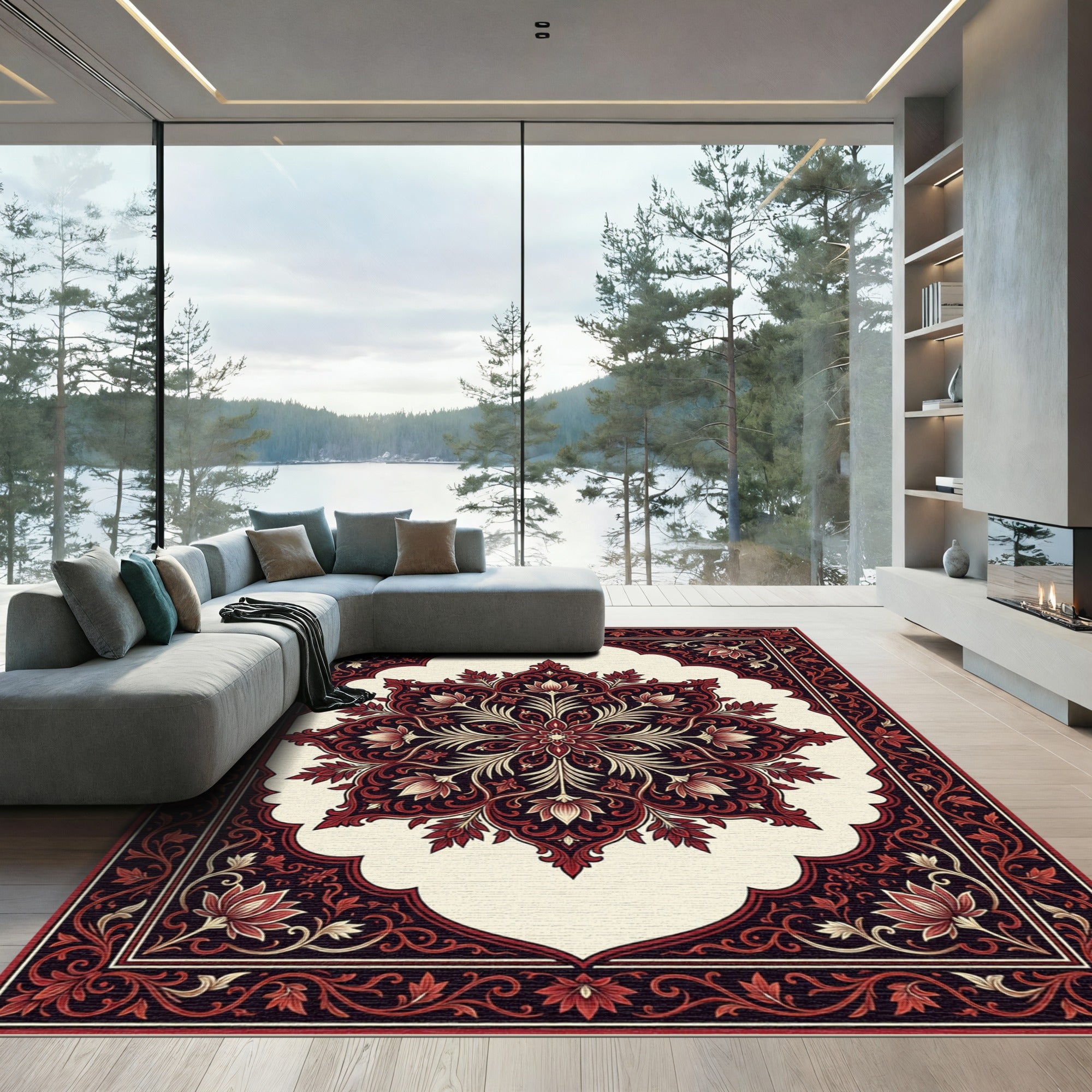 Elegant Crimson Floral Medallion Ivory Background Rug