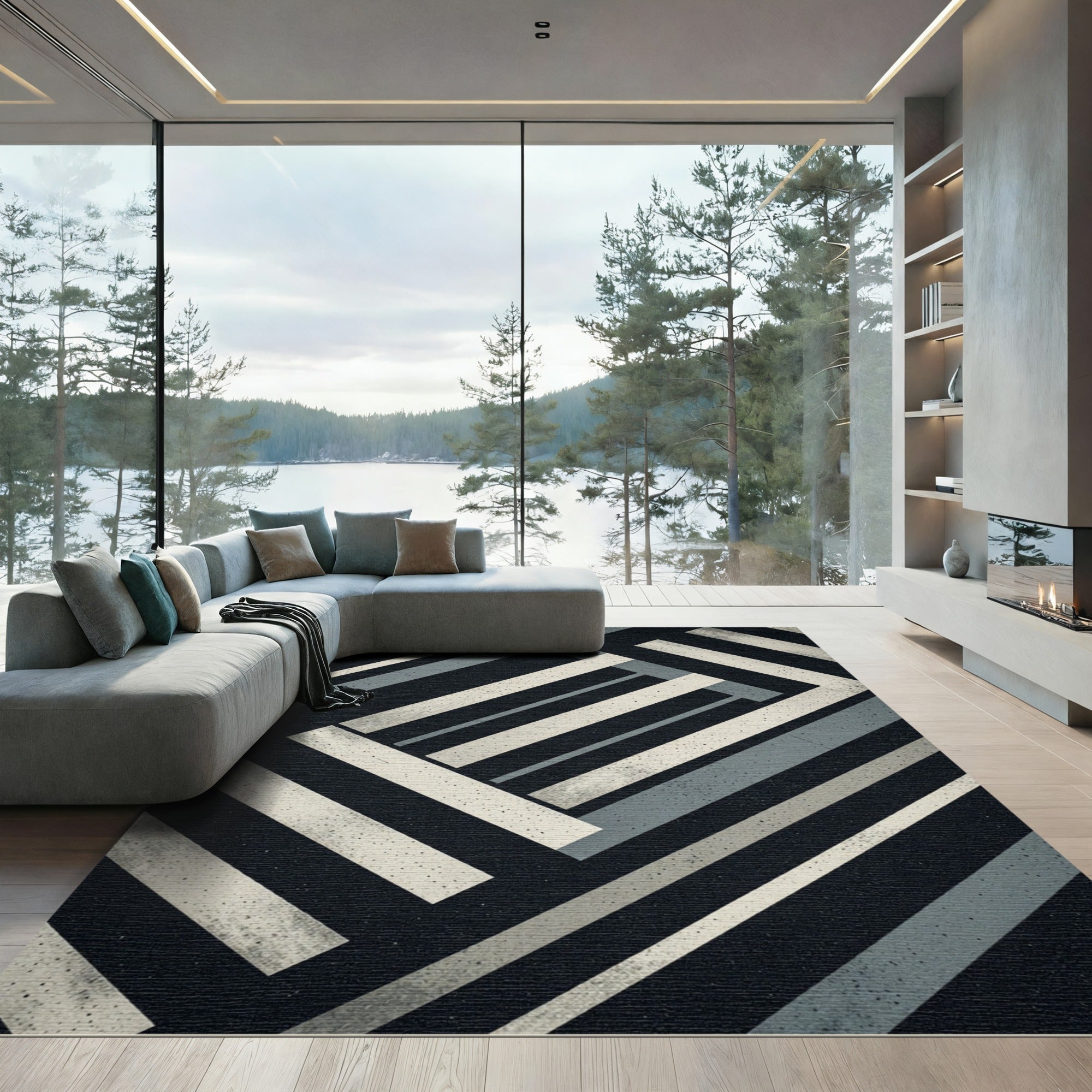 Modern Black White Gray Stripes Rug
