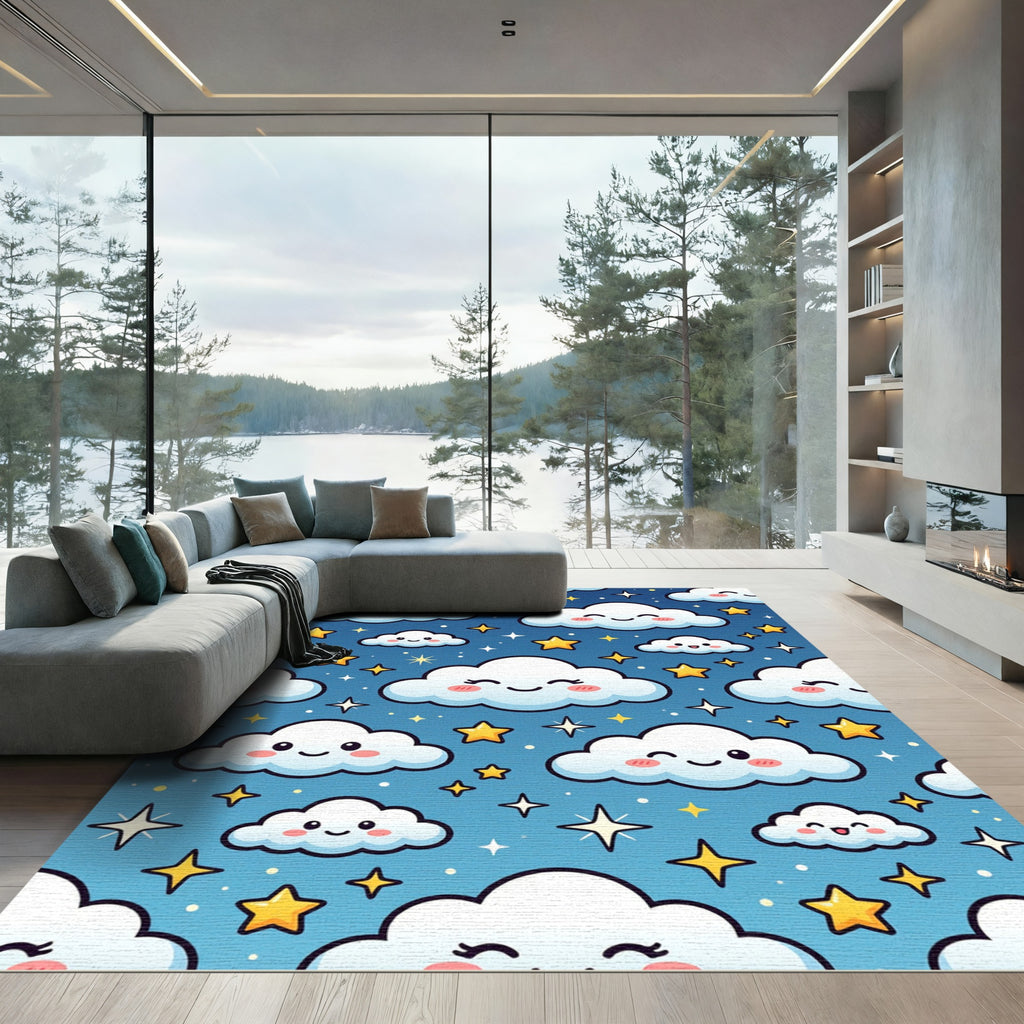 Cute Celestial Clouds and Golden Stars Rug