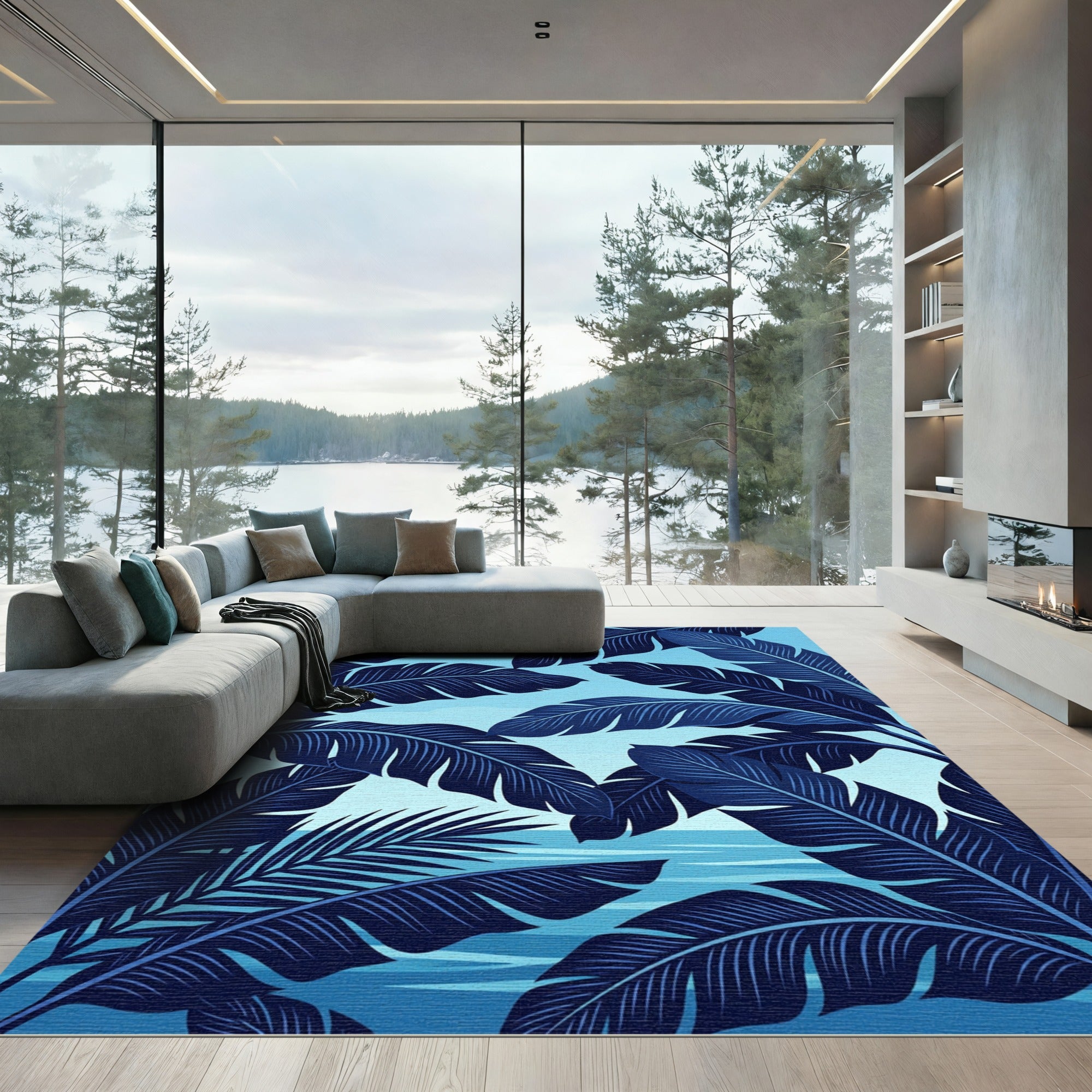 Deep Blue Tropical Leaf Water Vista Rug