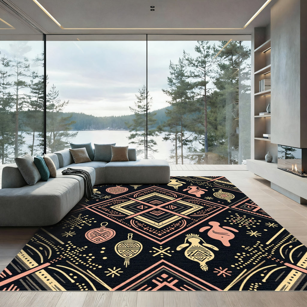 Tribal Geometric Figures Cream Coral Rug