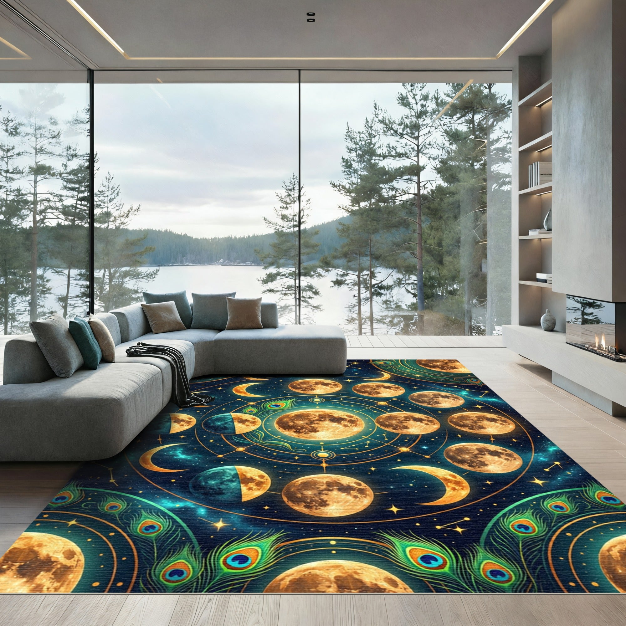 Celestial Lunar Orbit Peacock Feather Art Rug
