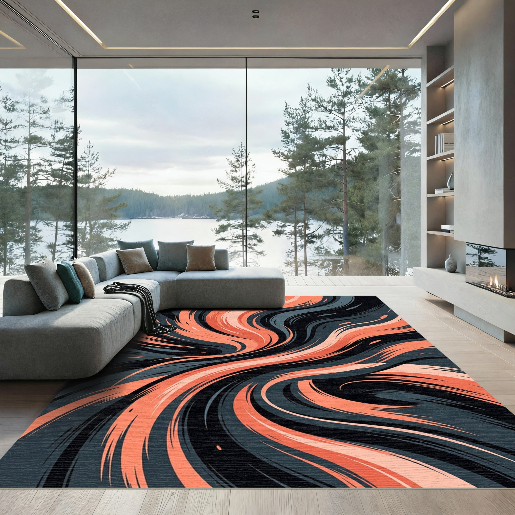 Modern Flowing Coral and Charcoal Abstract Wave Rug