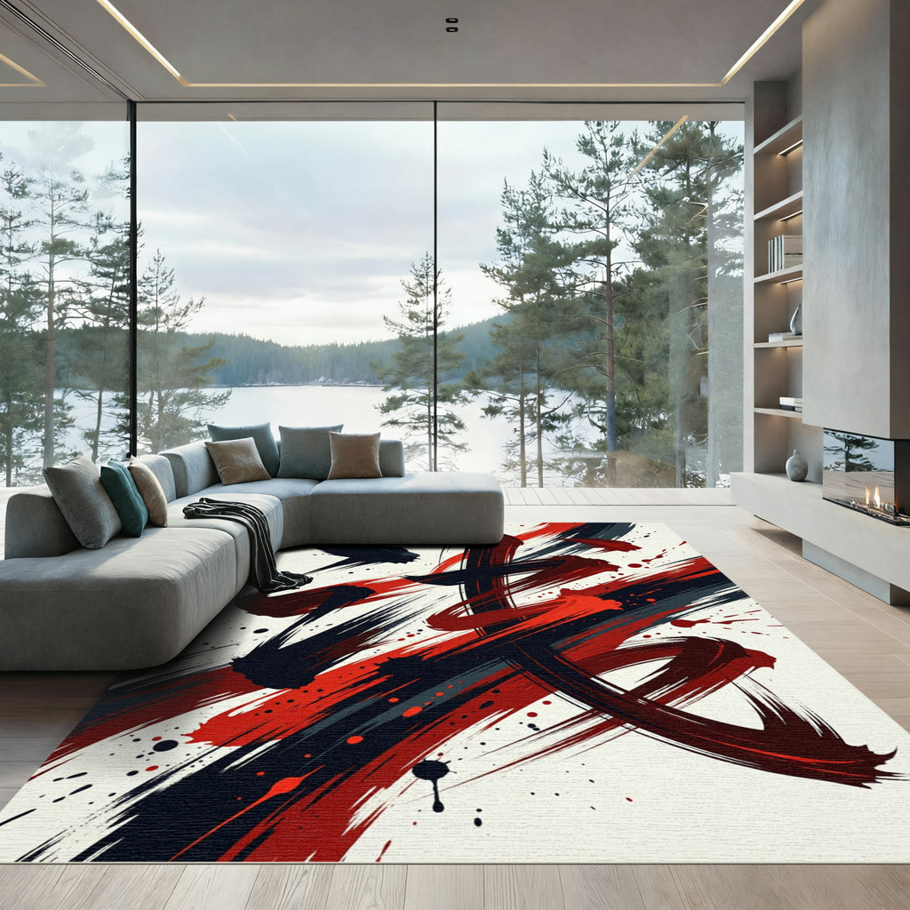 Bold Red and Black Abstract Brushstroke Rug