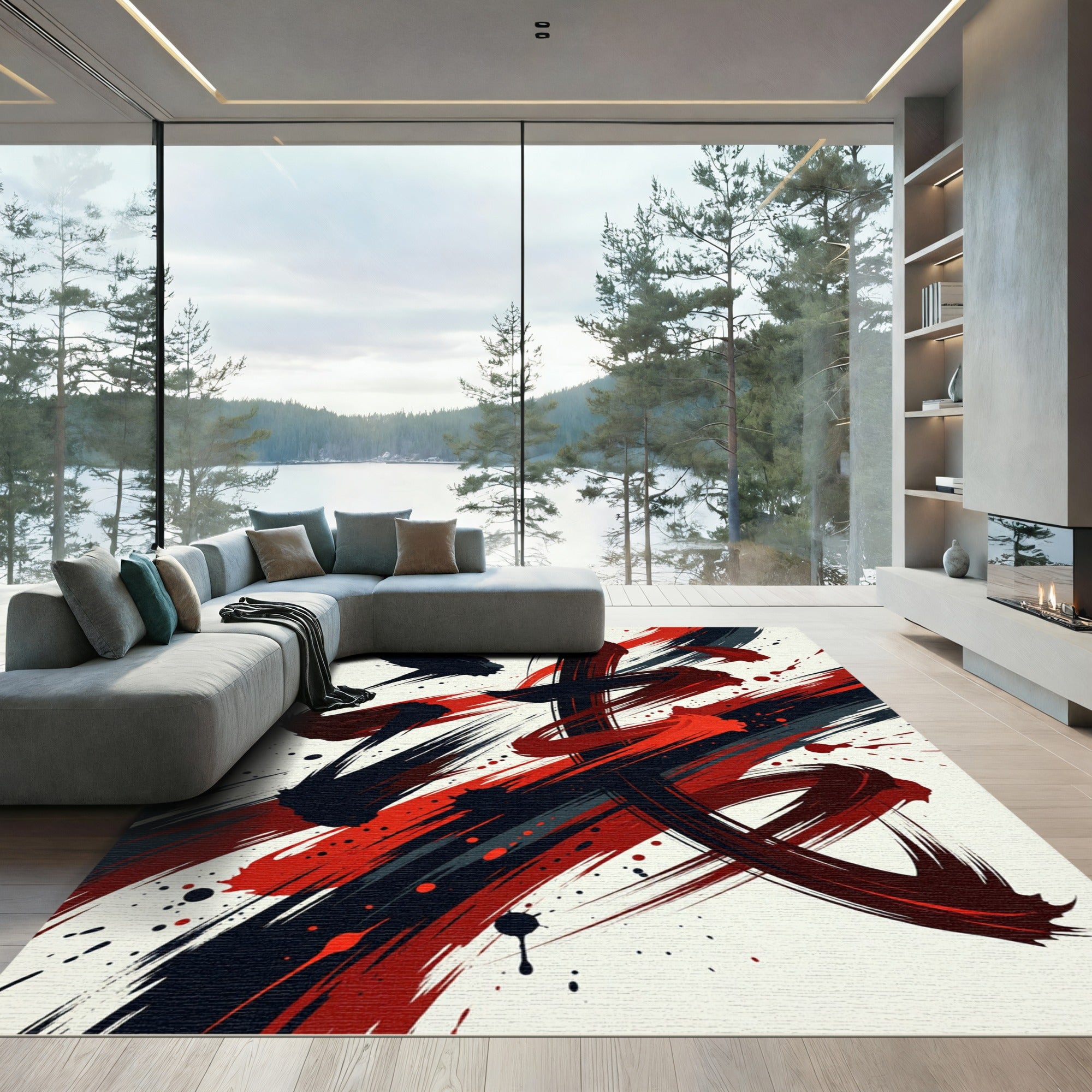 Bold Red and Black Abstract Brushstroke Rug