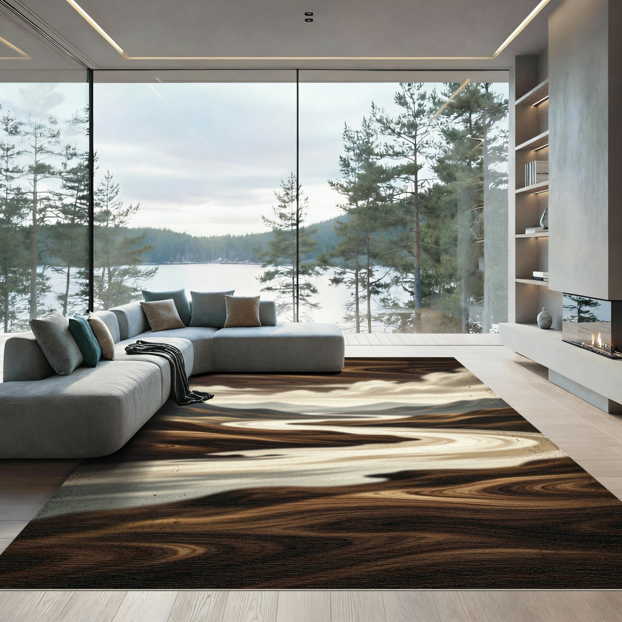 Earthy Wood Grain River Landscape Rug