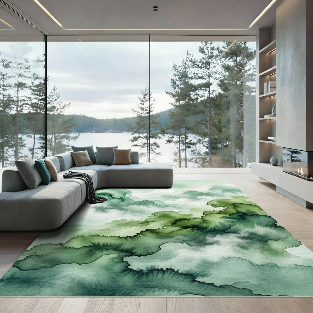 Ethereal Emerald Watercolor Cloudscape Scenery Rug