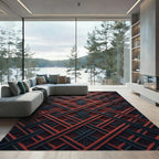 Rustic Crimson and Charcoal Geometric Grid Rug