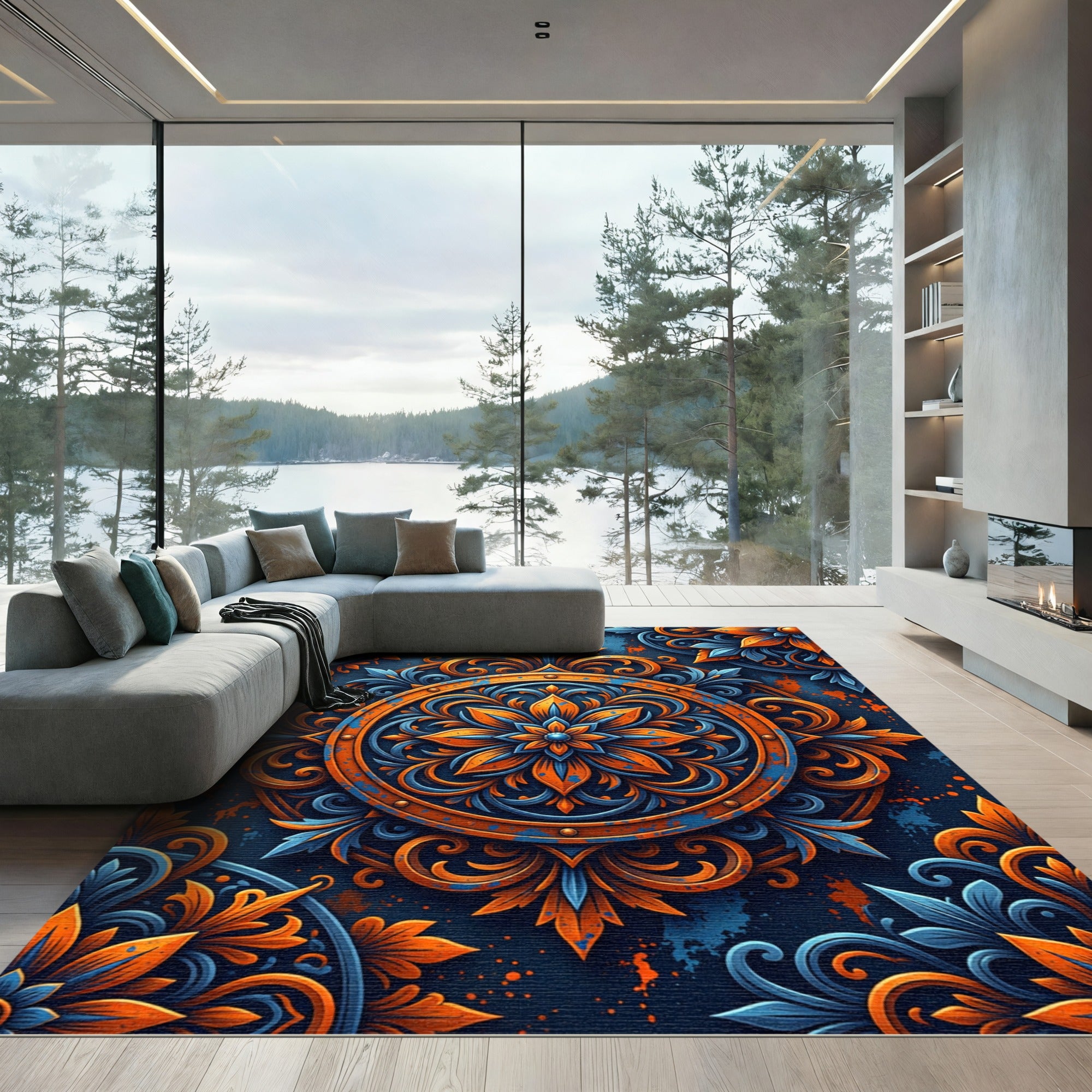Ornate Amber and Cobalt Floral Medallion Rug