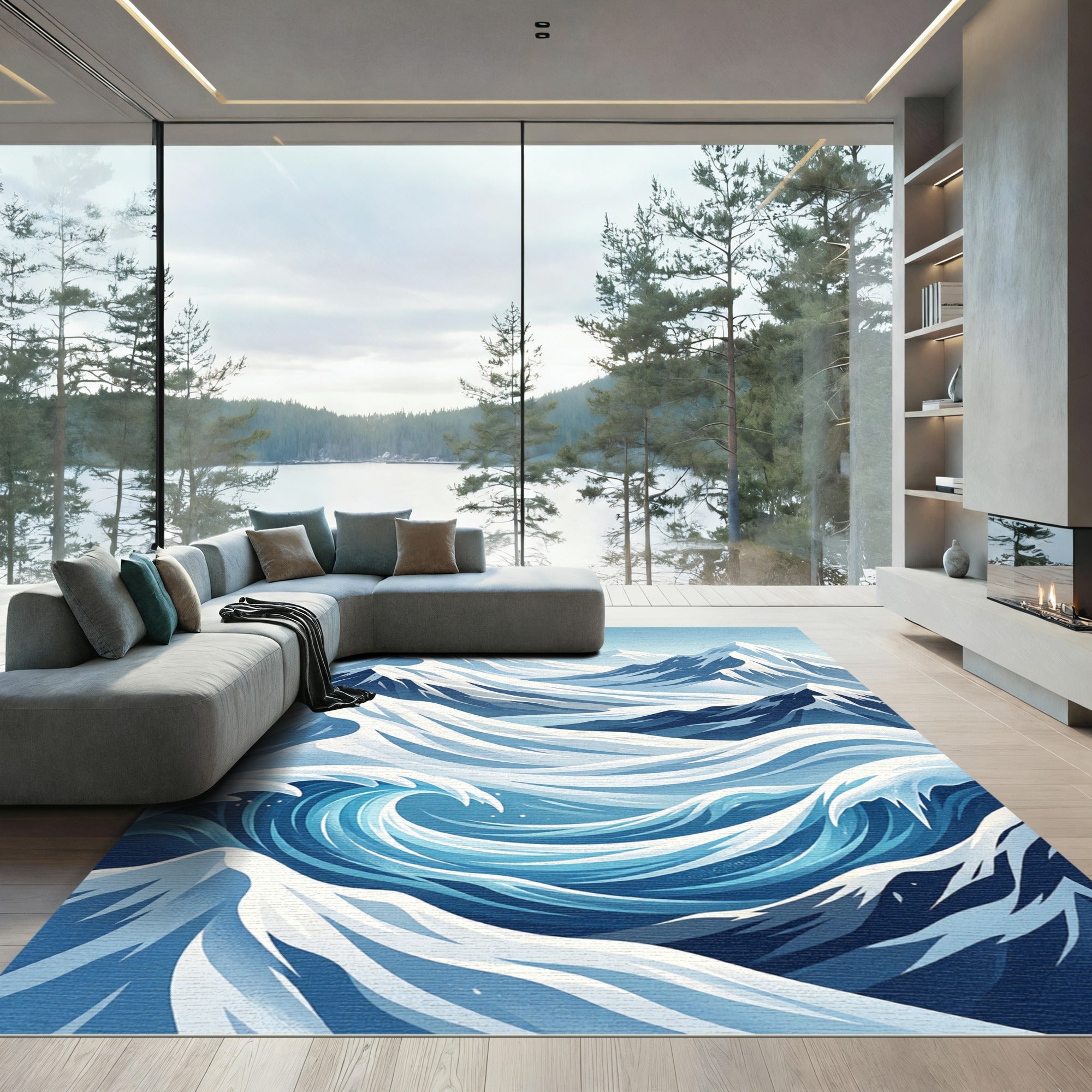 Blue Mountains Oceanic Wave Abstract Art Rug