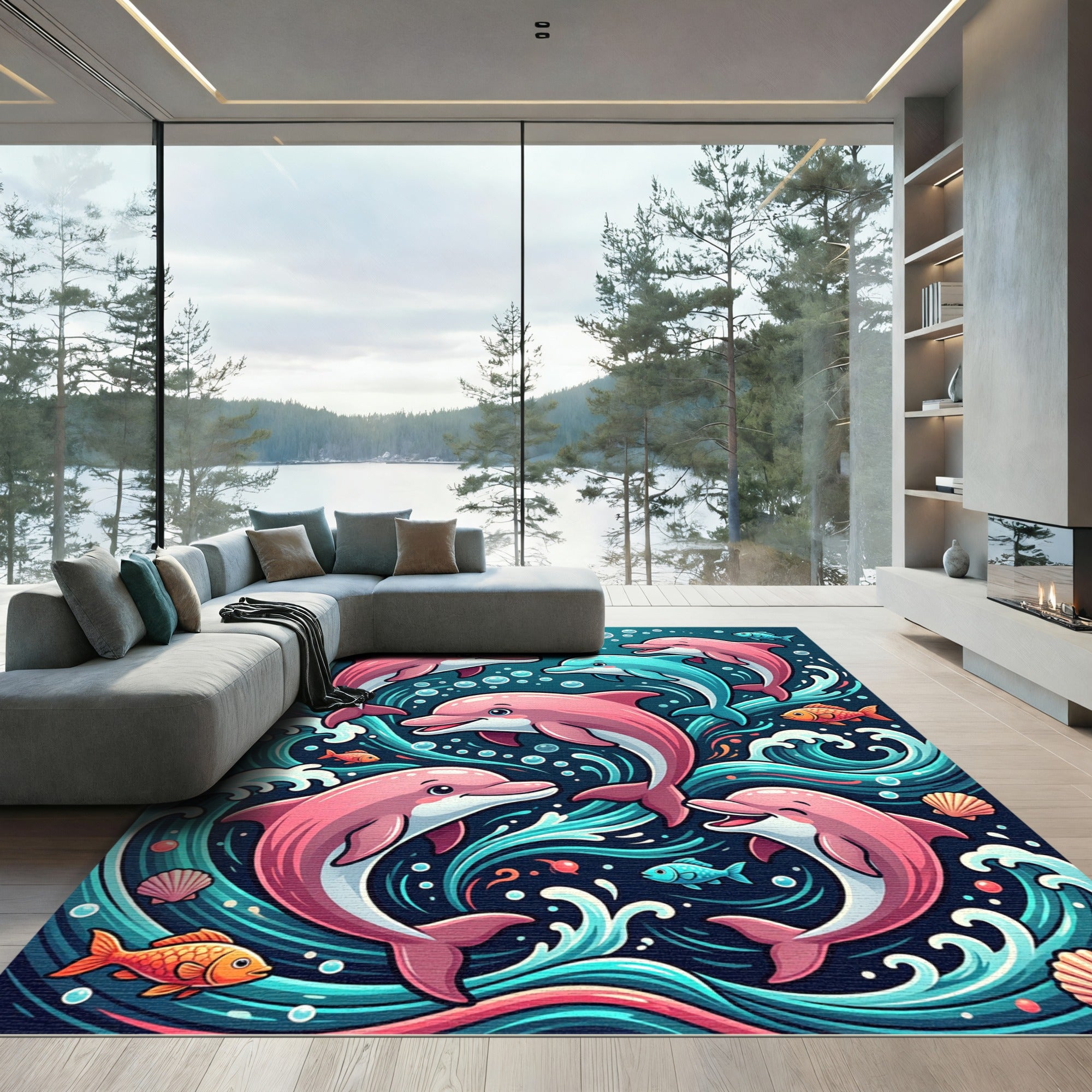 Whimsical Pink Dolphin Ocean Wave Art Rug