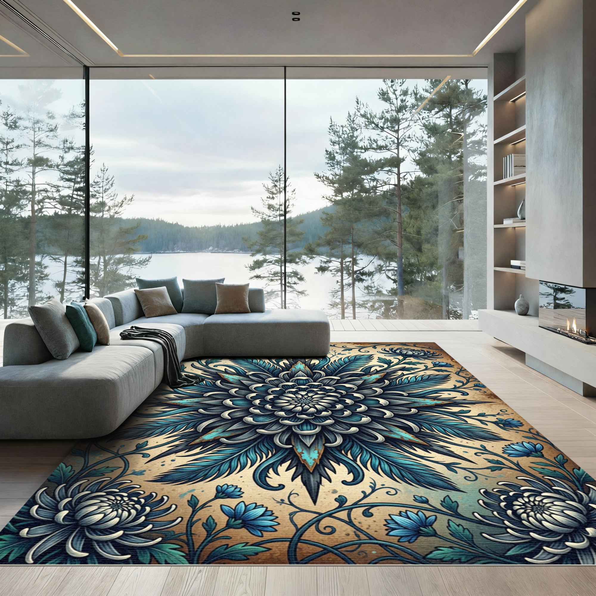Intricate Teal Chrysanthemum Floral Medallion Rug