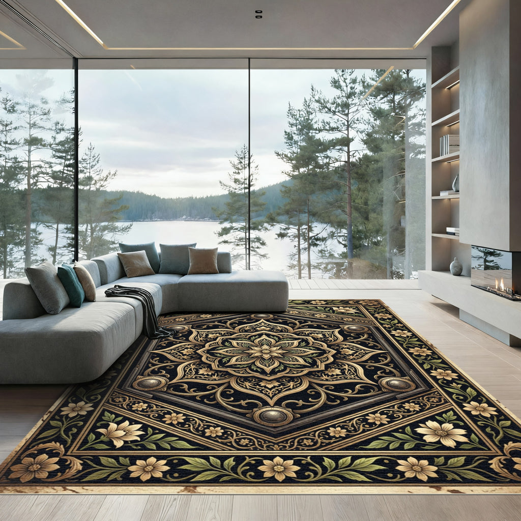Ornate Gold Floral Hexagon Medallion Rug