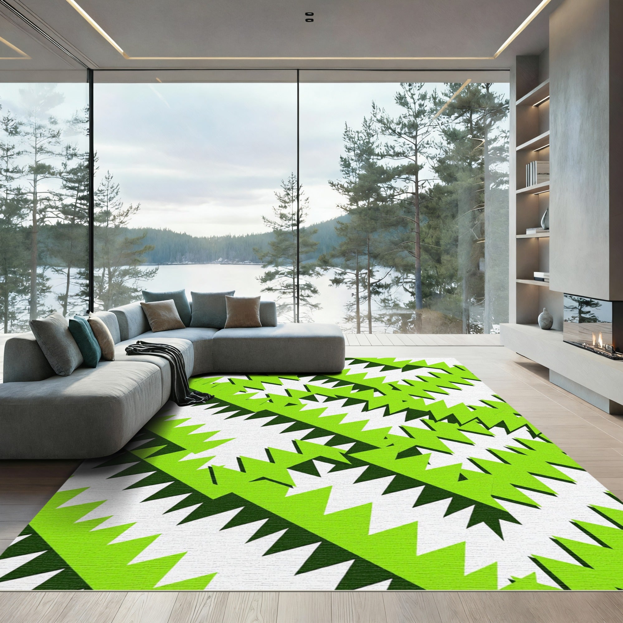 Vivid Lime Green Abstract Zigzag Rug