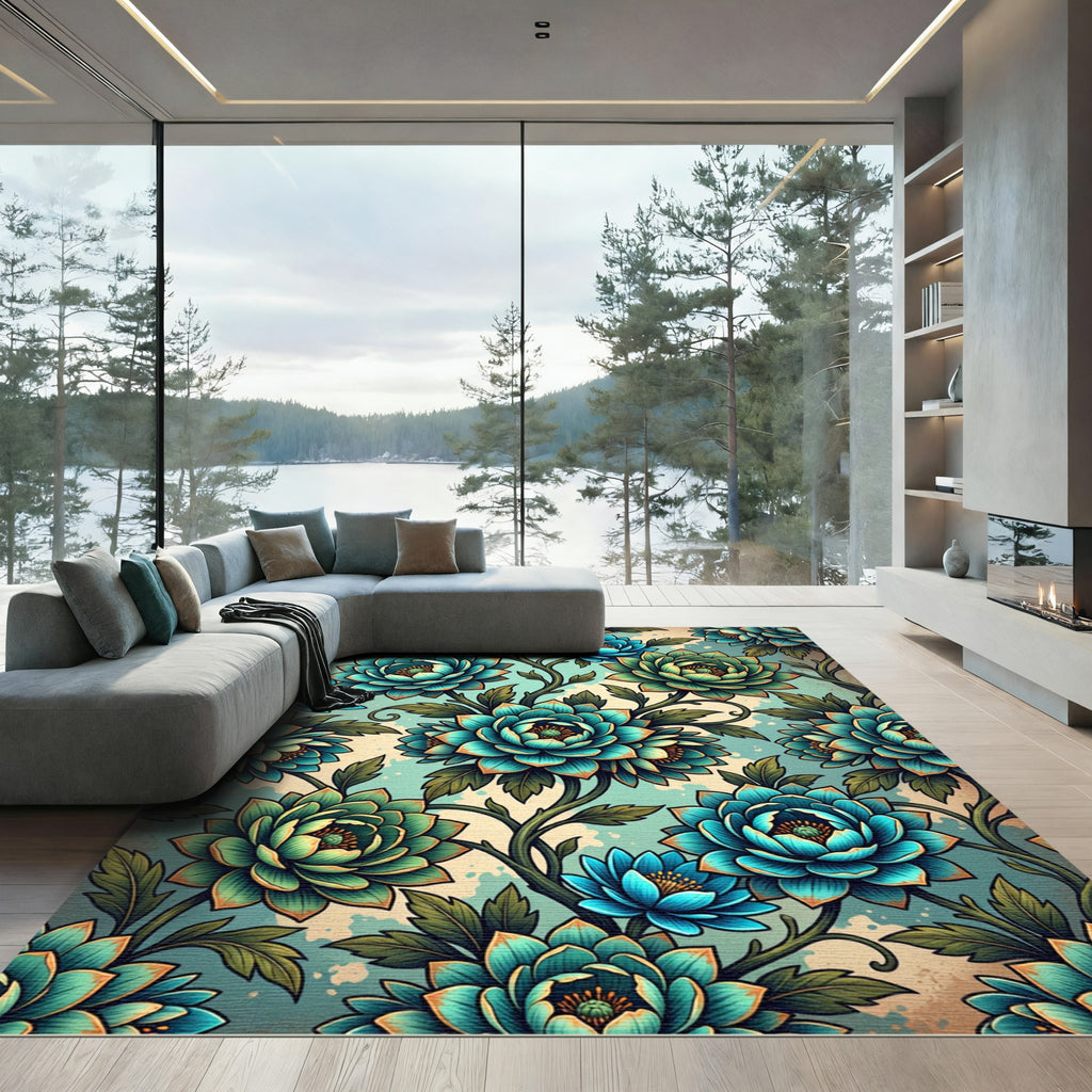 Teal Botanical Chrysanthemum Flourish Art Rug