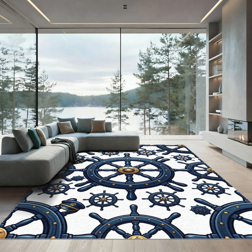 Navy Nautical Ship Wheel Emblem Rug