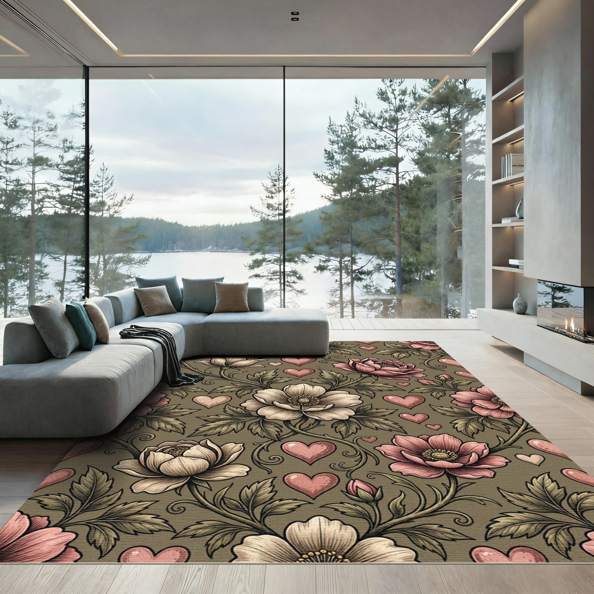 Vintage Pink Floral Heart Vine Rug