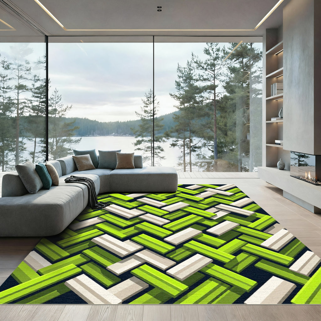 Lime Green White Interlocking Chevron Rug