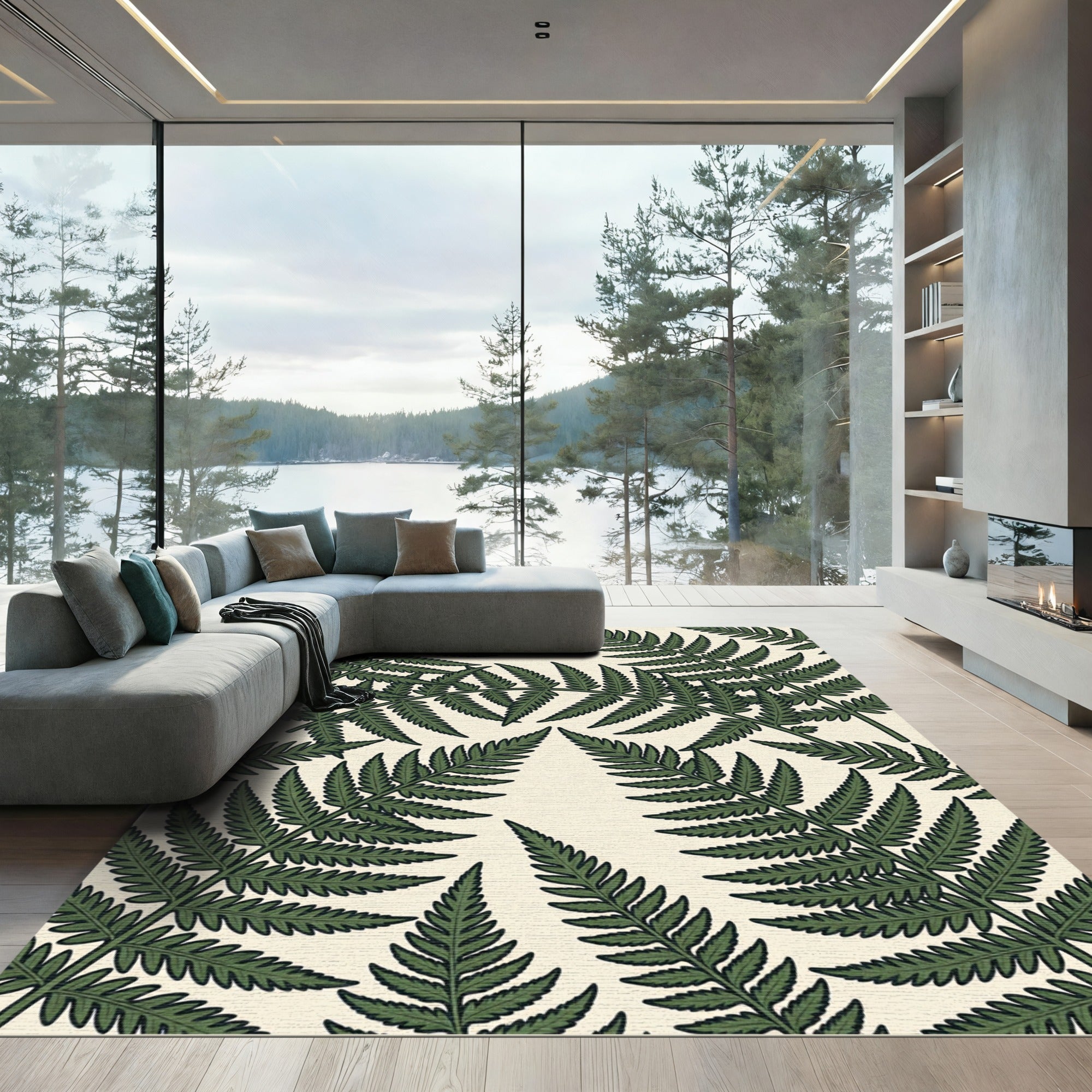 Lush Green Botanical Fern Leaf Rug