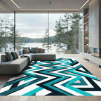 Modern Teal and Black Geometric Zigzag Rug