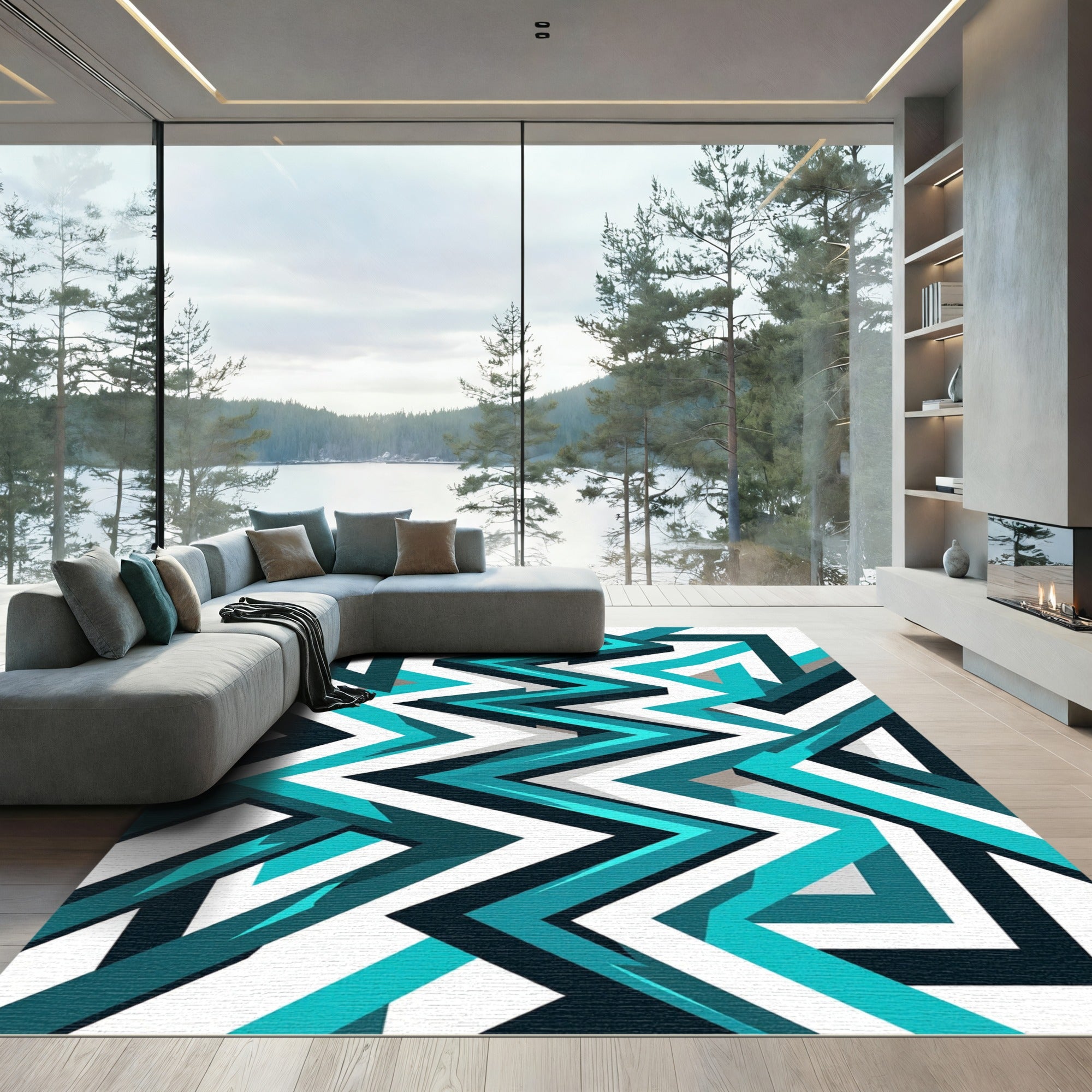 Modern Teal and Black Geometric Zigzag Rug