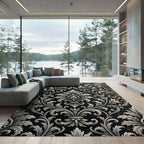 Ornate Charcoal Silver Damask Scroll Rug