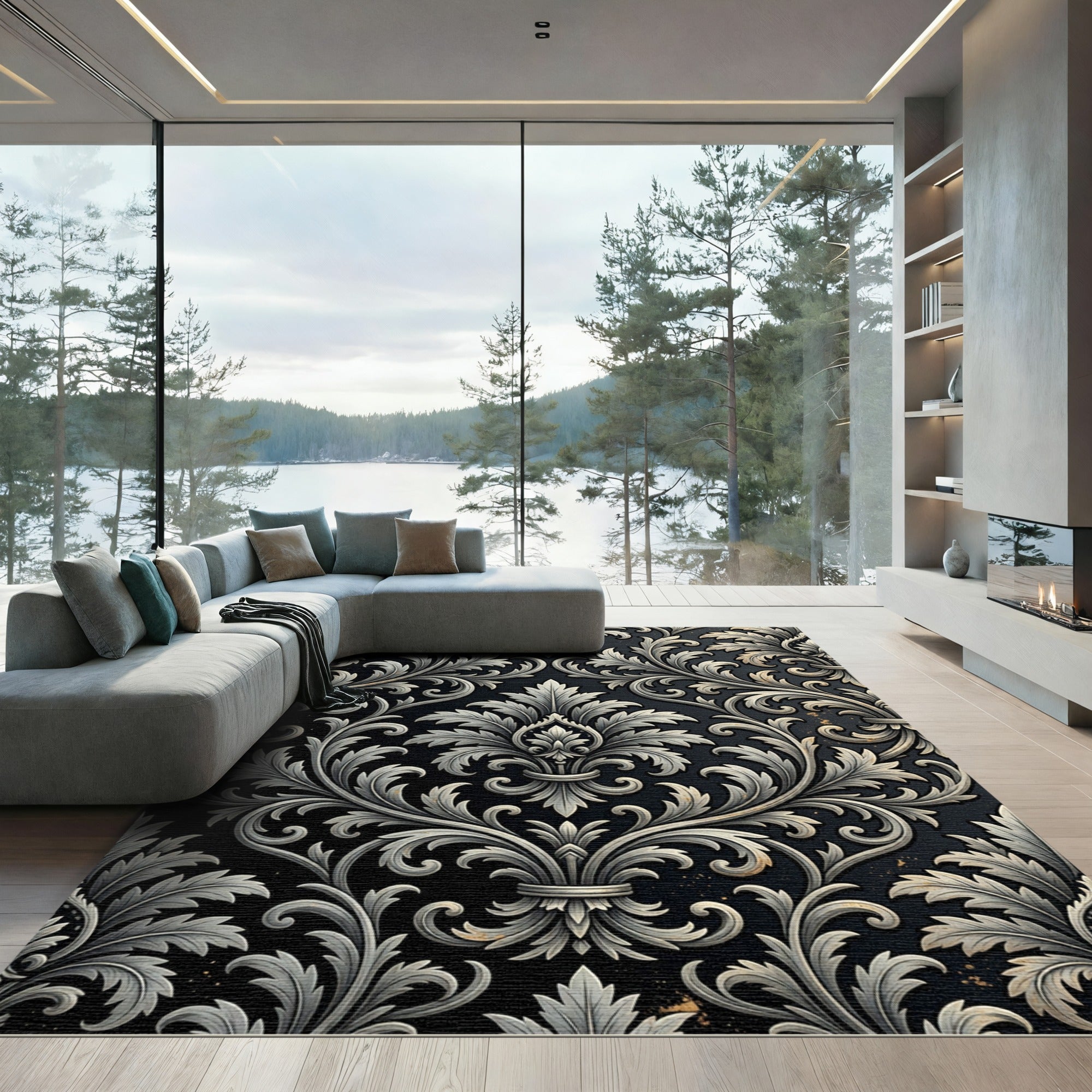 Ornate Charcoal Silver Damask Scroll Rug