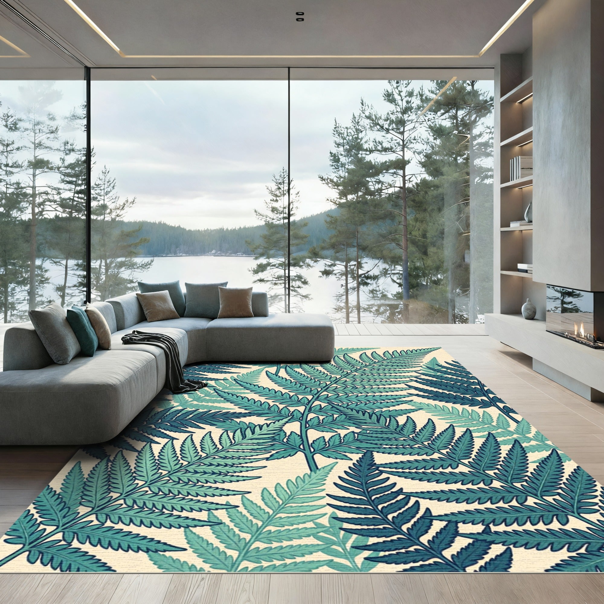 Lush Teal Botanical Fern Leaf Rug