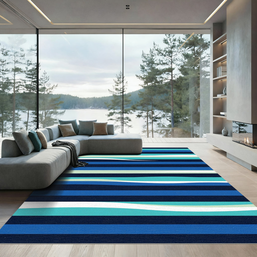 Modern Blue and Teal Wavy Stripe Rug