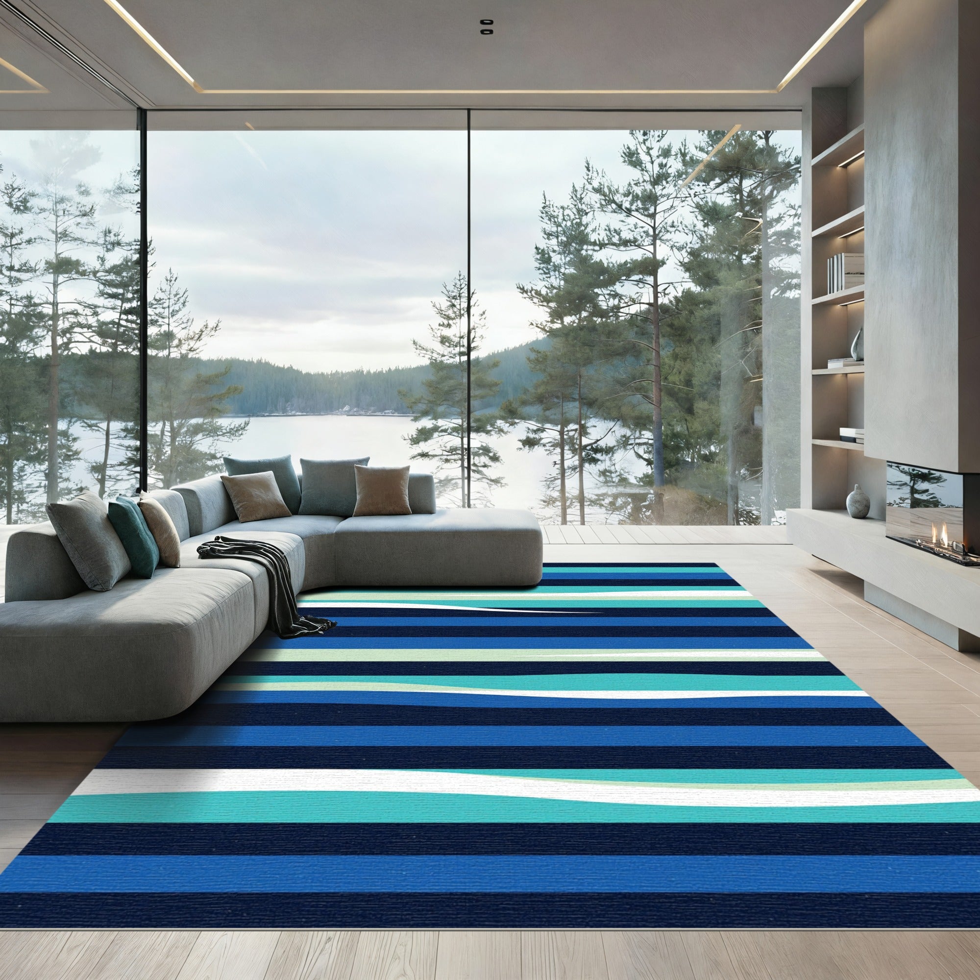 Modern Blue and Teal Wavy Stripe Rug