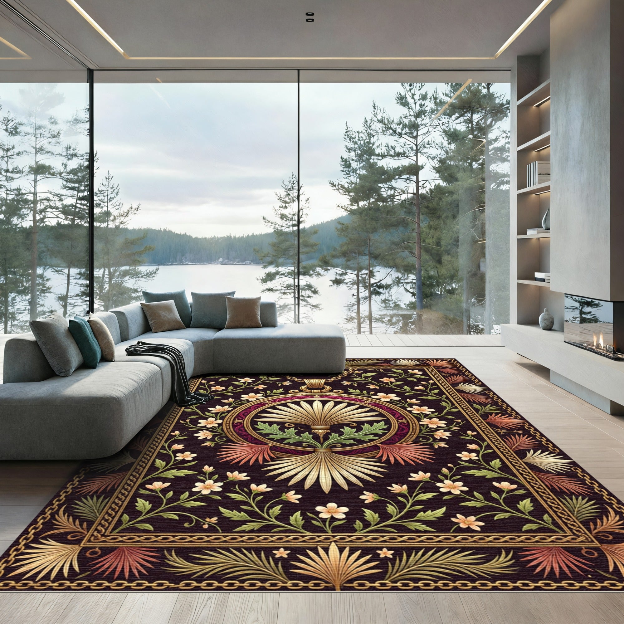 Ornate Gold Pendant Floral Vine Rug