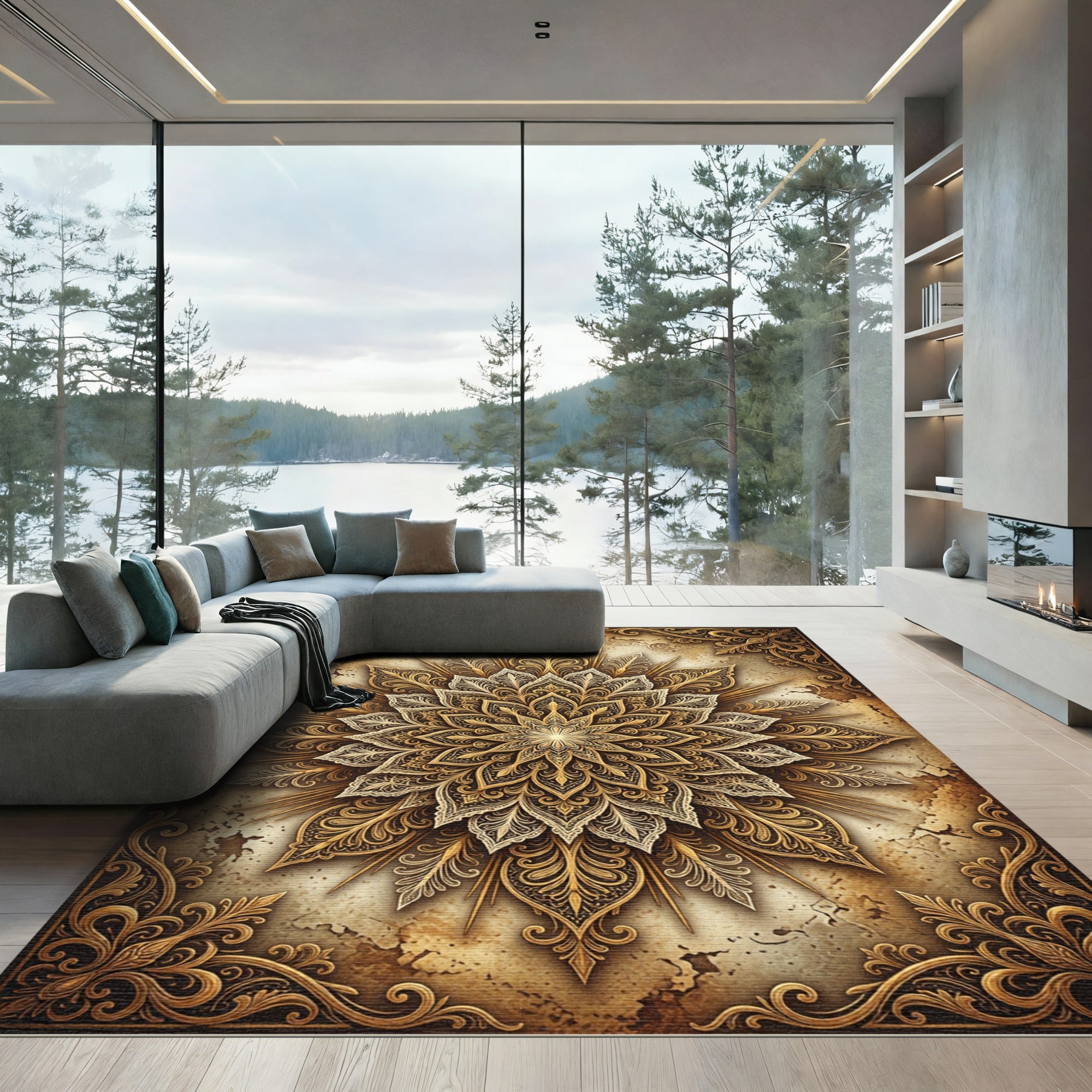 Ornate Golden Filigree Floral Mandala Rug