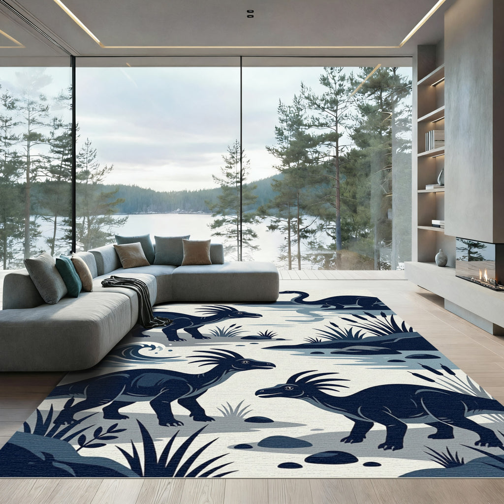 Minimalist Navy Dinosaur Landscape Scene Rug